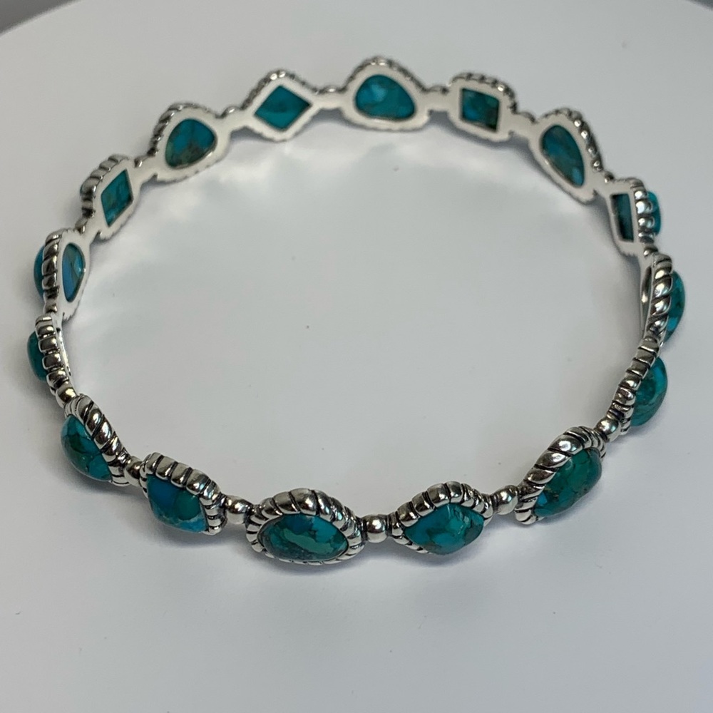 Silpada Vintage Sterling Silver Turquoise Station w/Scallop Trim Bangle-Bracelet